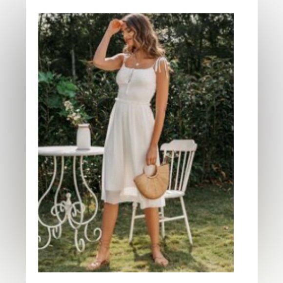 Frill Trim Shirred Waist Knotted Cami Dress - White - Picture 2 of 2